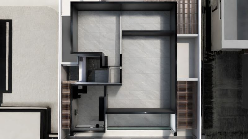 Vista cenital del primer piso con porcelanato de gran formato