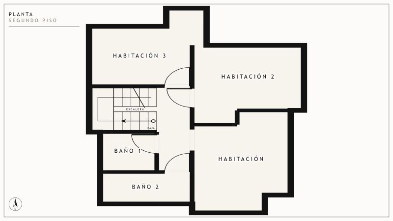 Planta del segundo piso con tres dormitorios y dos baños